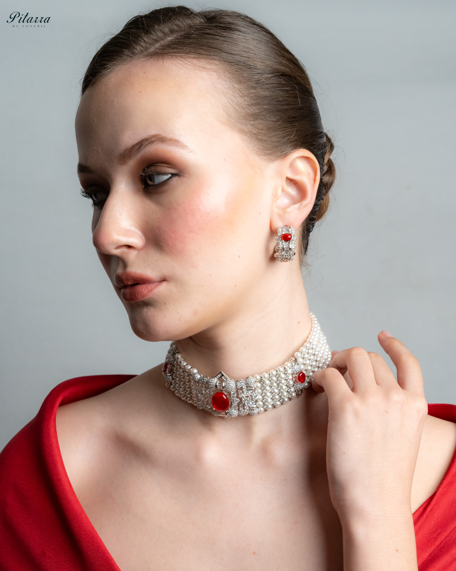 Red Carved Doublet and Pearl Choker_Left Angle