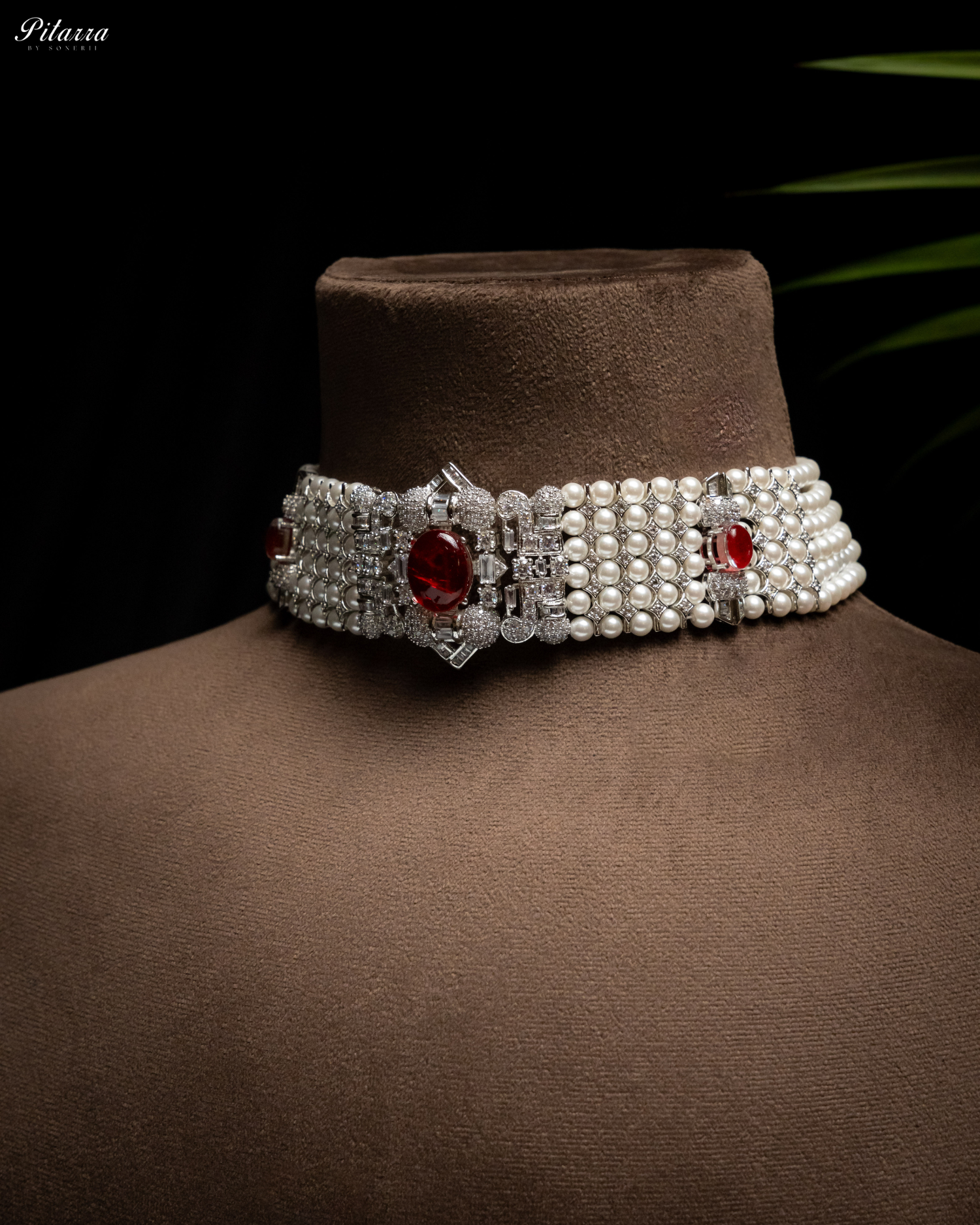 Red Carved Doublet and Pearl Choker_Side Angle