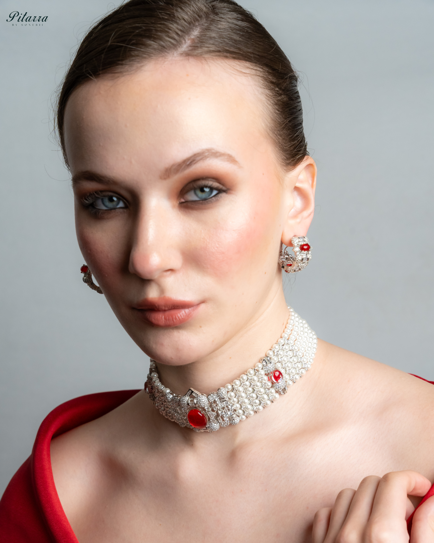 Red Carved Doublet and Pearl Choker_Side Pose
