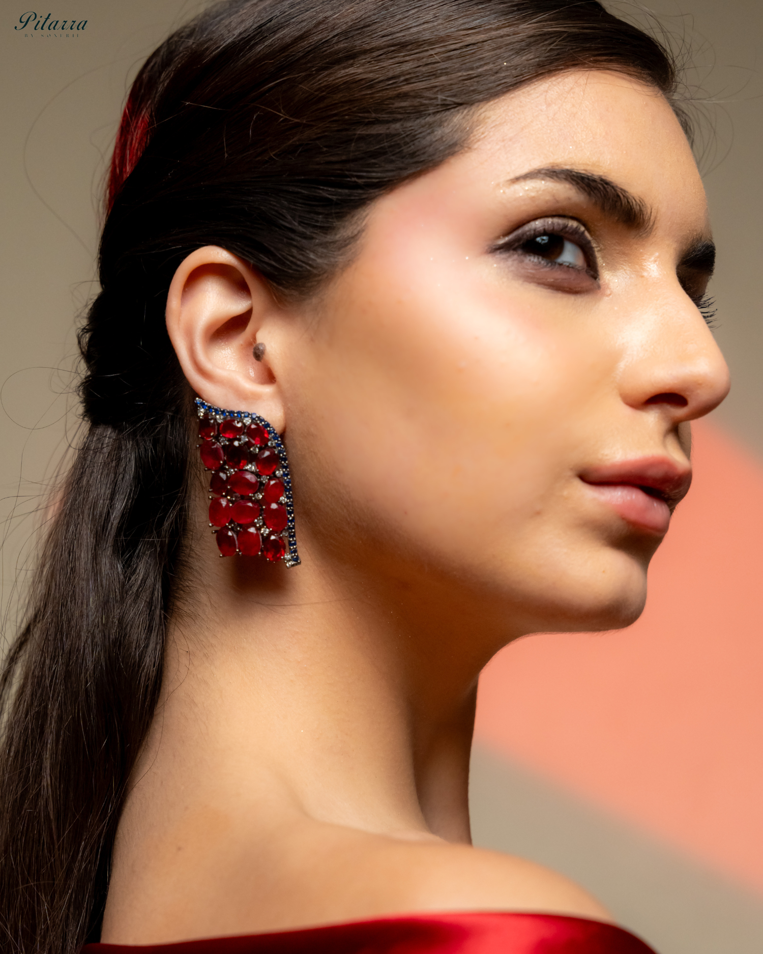 Red Crystal CZ Stud Earrings_Side Pose