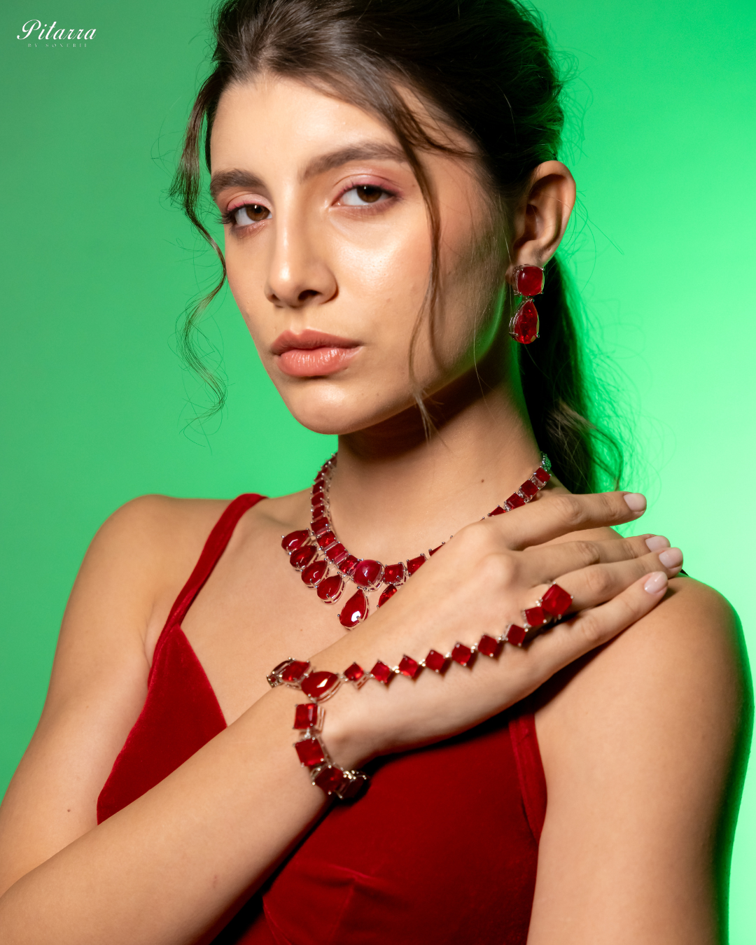 Red Cubic Zirconia Silver Plated Bracelet_White Background_Side Pose