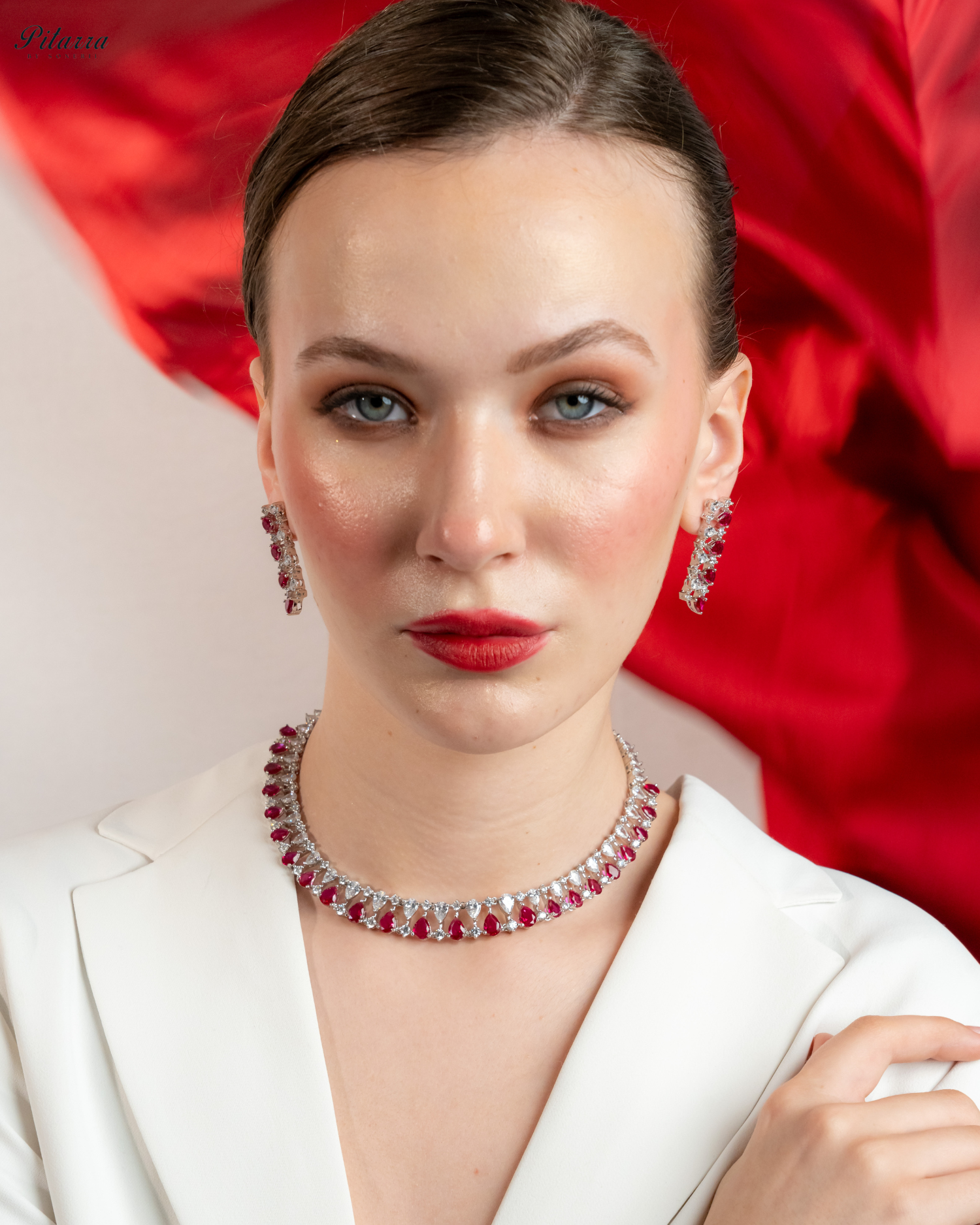 Red Drop CZ Necklace Set_Front Image