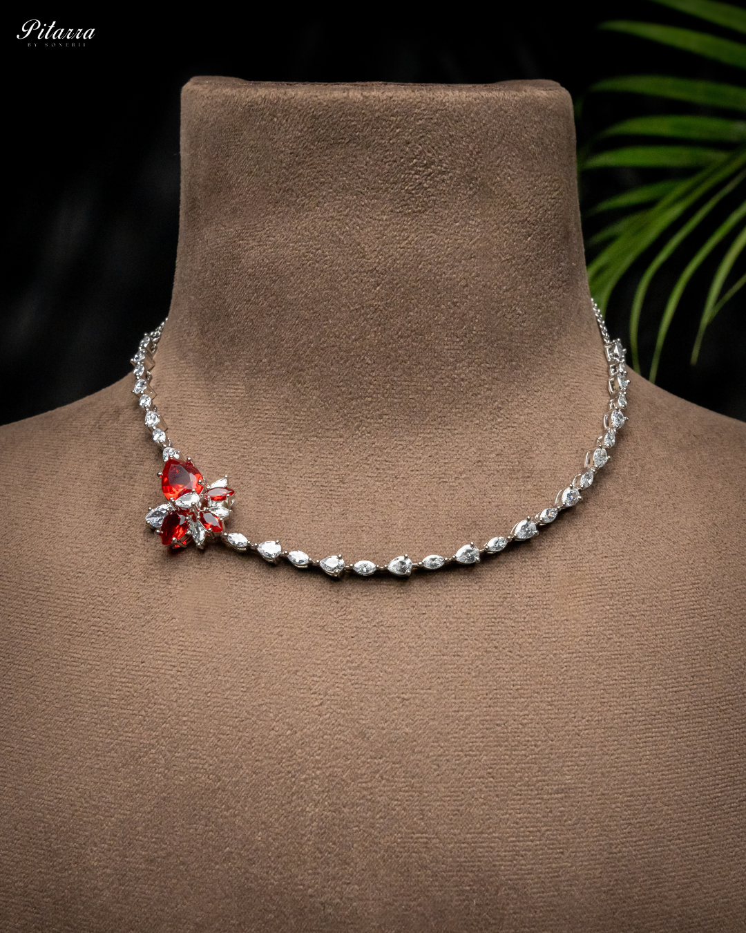 Red Silver Plated CZ Necklace Set_Front Image