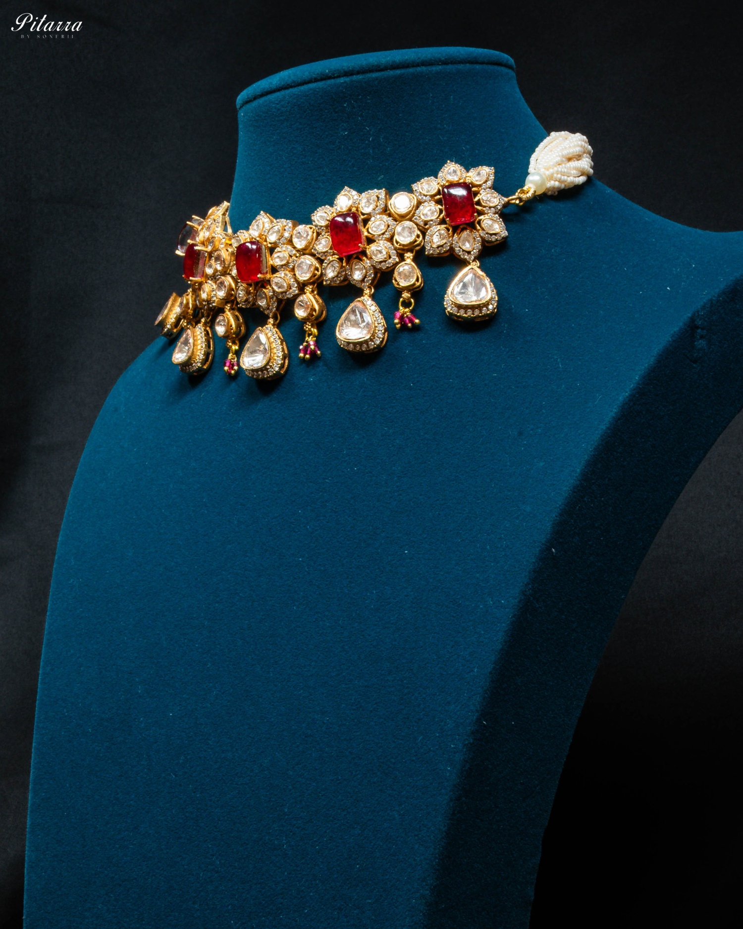 Red Stone Floral Traditional Choker Set_Side Angle
