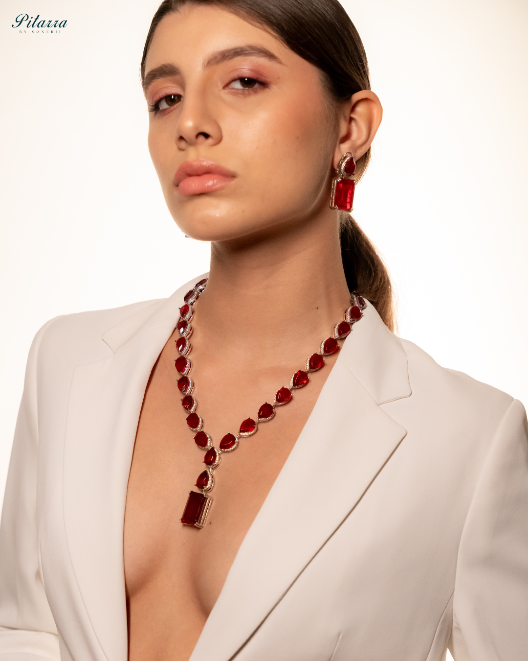 Red Stone Zirconia Necklace Set_Side Pose