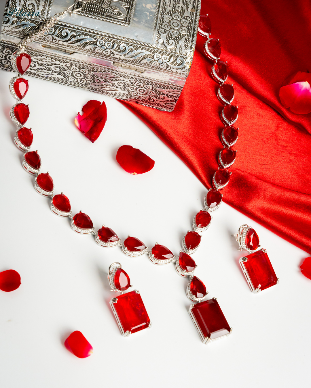 Red Stone Zirconia Necklace Set_White Background