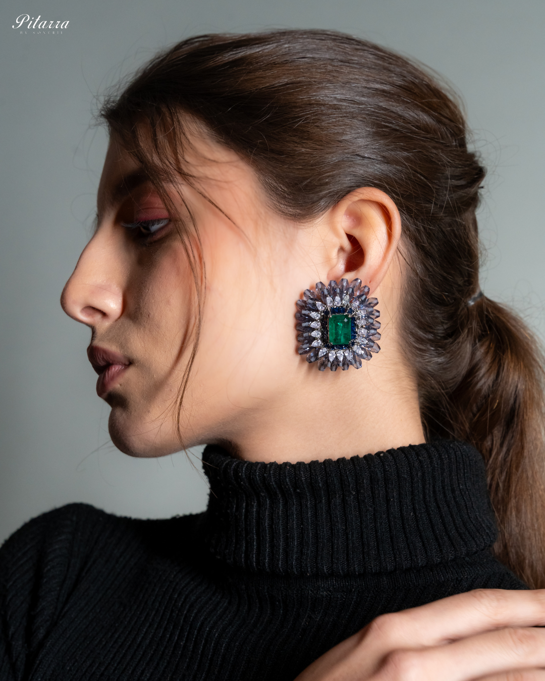 Royal Blue Emerald Studs Earrings_Side Angle