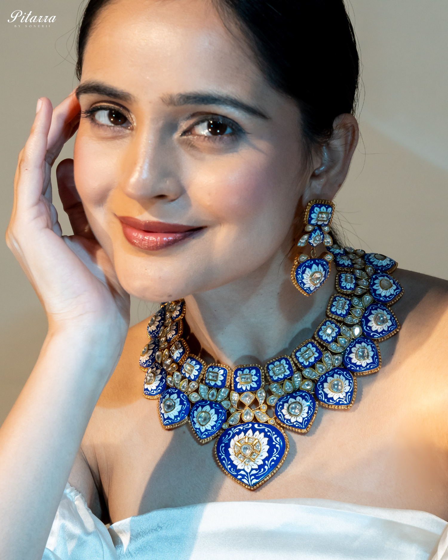 Royal Blue Jadau Traditional Kundan Necklace Set Model Shoot