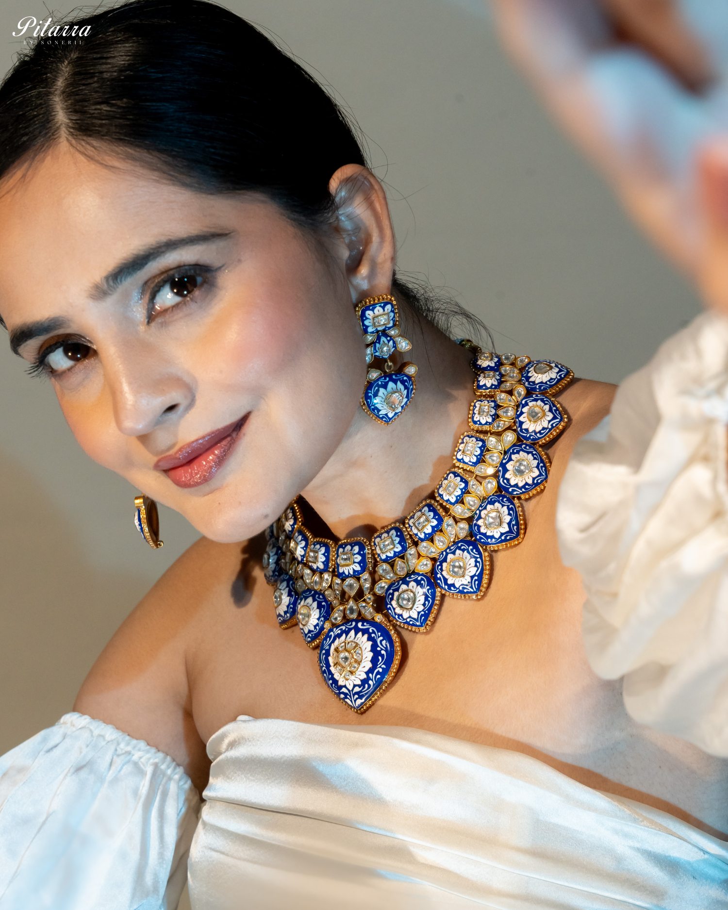 Royal Blue Jadau Traditional Kundan Necklace Set Model Side Angle