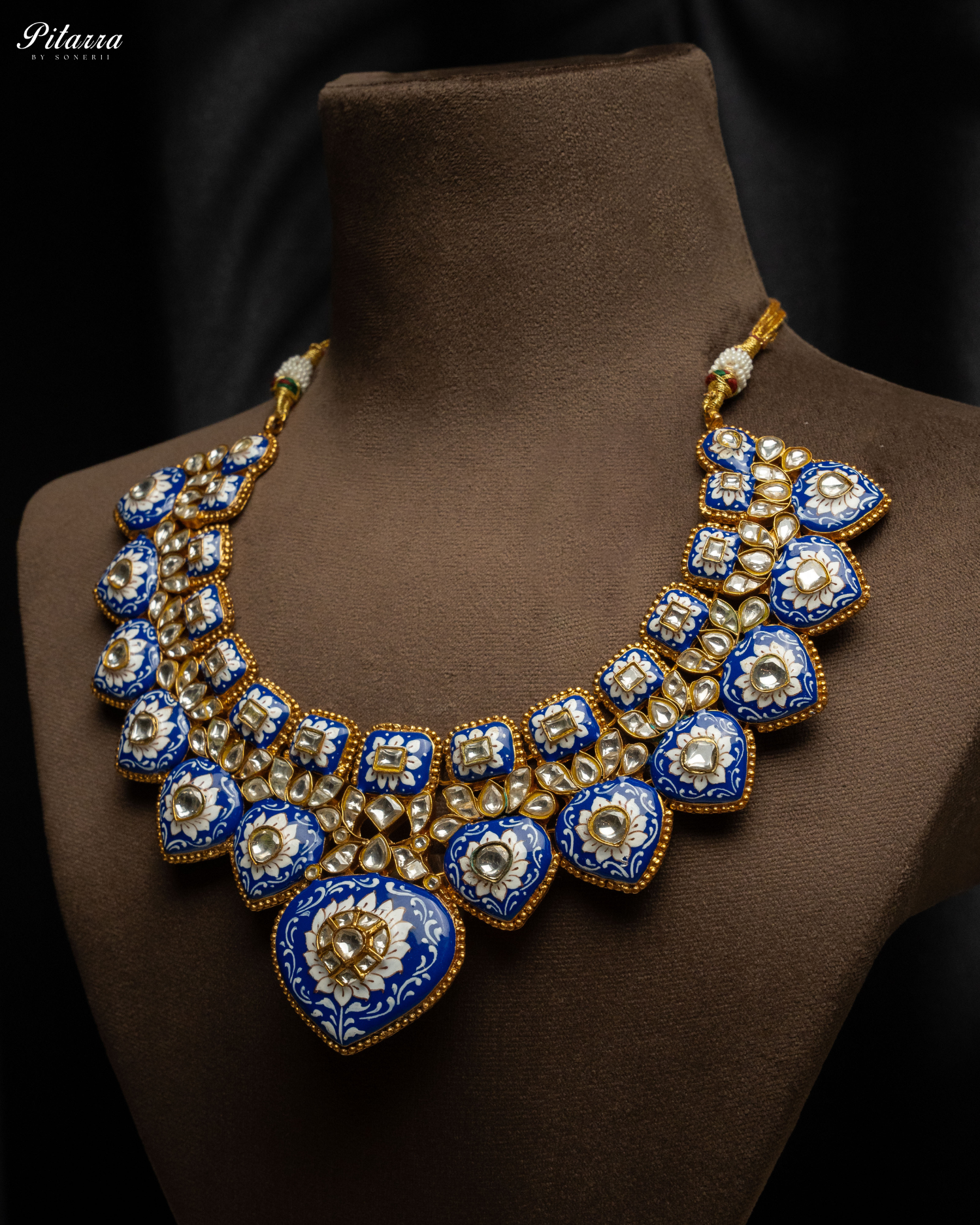 Royal Blue Jadau Traditional Kundan Necklace Set Model Shoot Side Angle