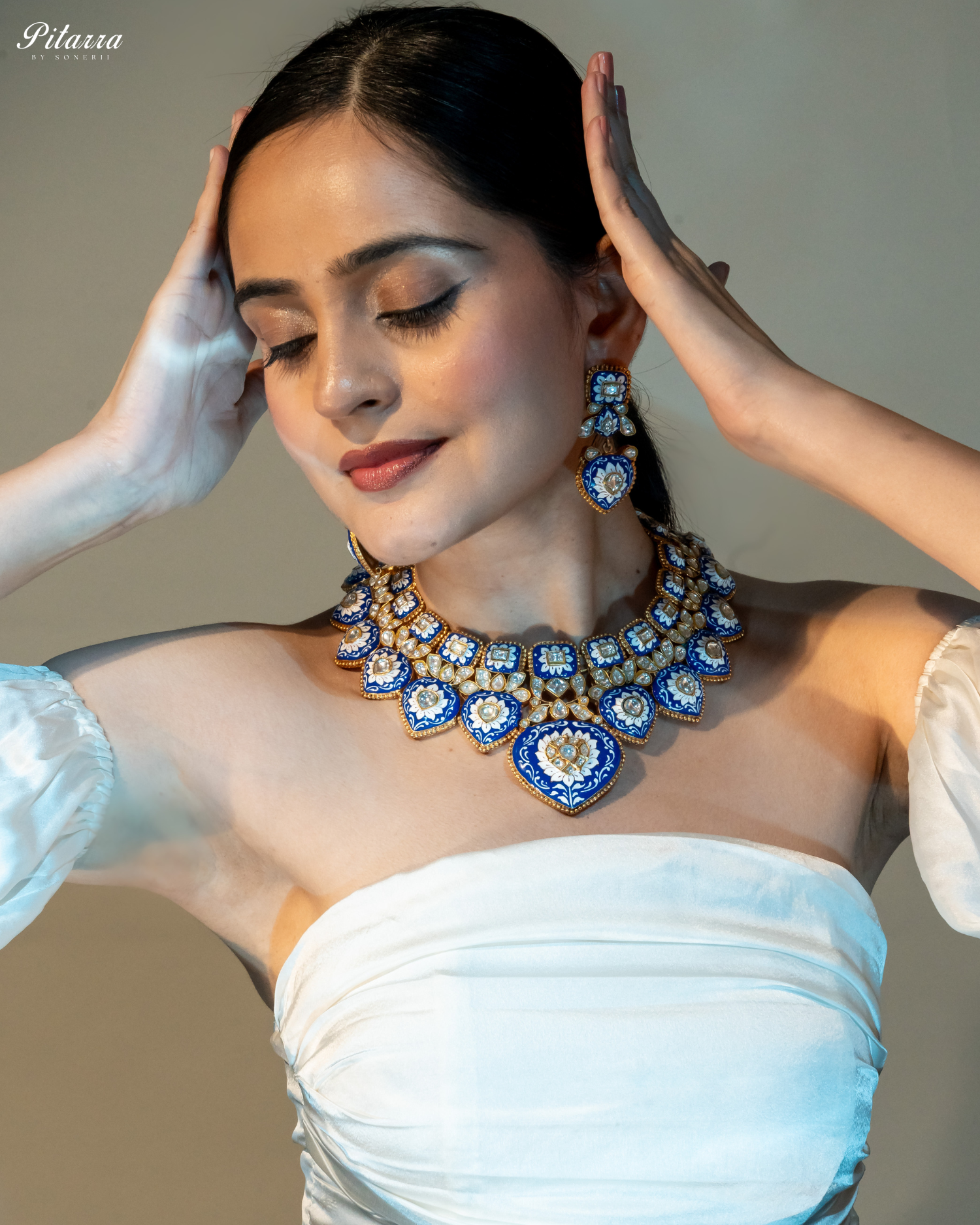 Royal Blue Jadau Traditional Kundan Necklace Set Model StyleAngle