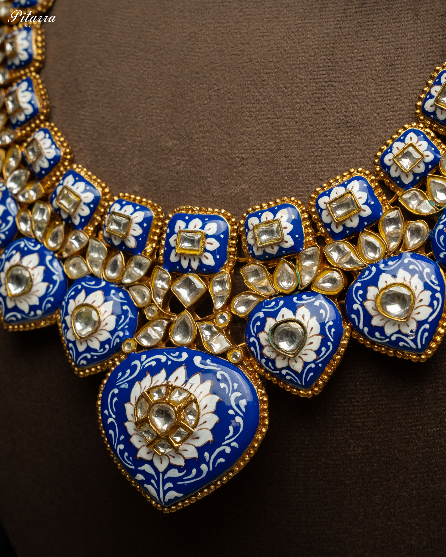 Royal Blue Jadau Traditional Kundan Necklace Set Zoom Angle