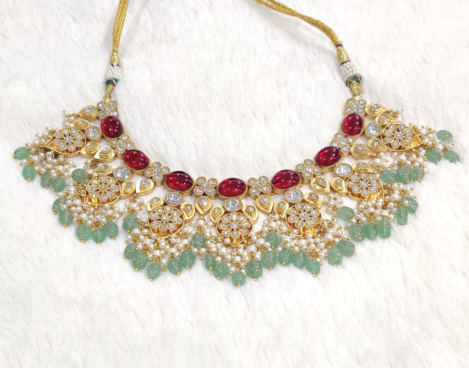 Ruby Red and Mint kundan choker necklace_White Background