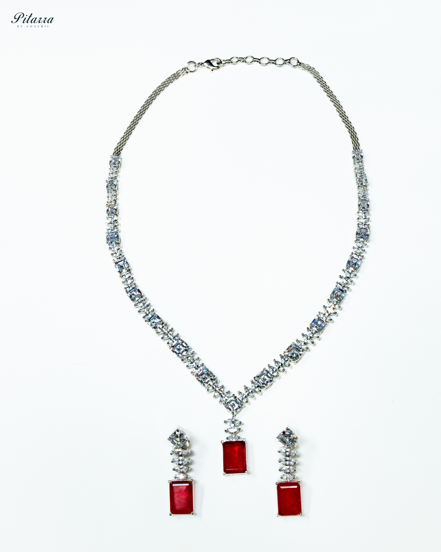 Ruby Stone Cubic Zirconia Pendant Set_White Background