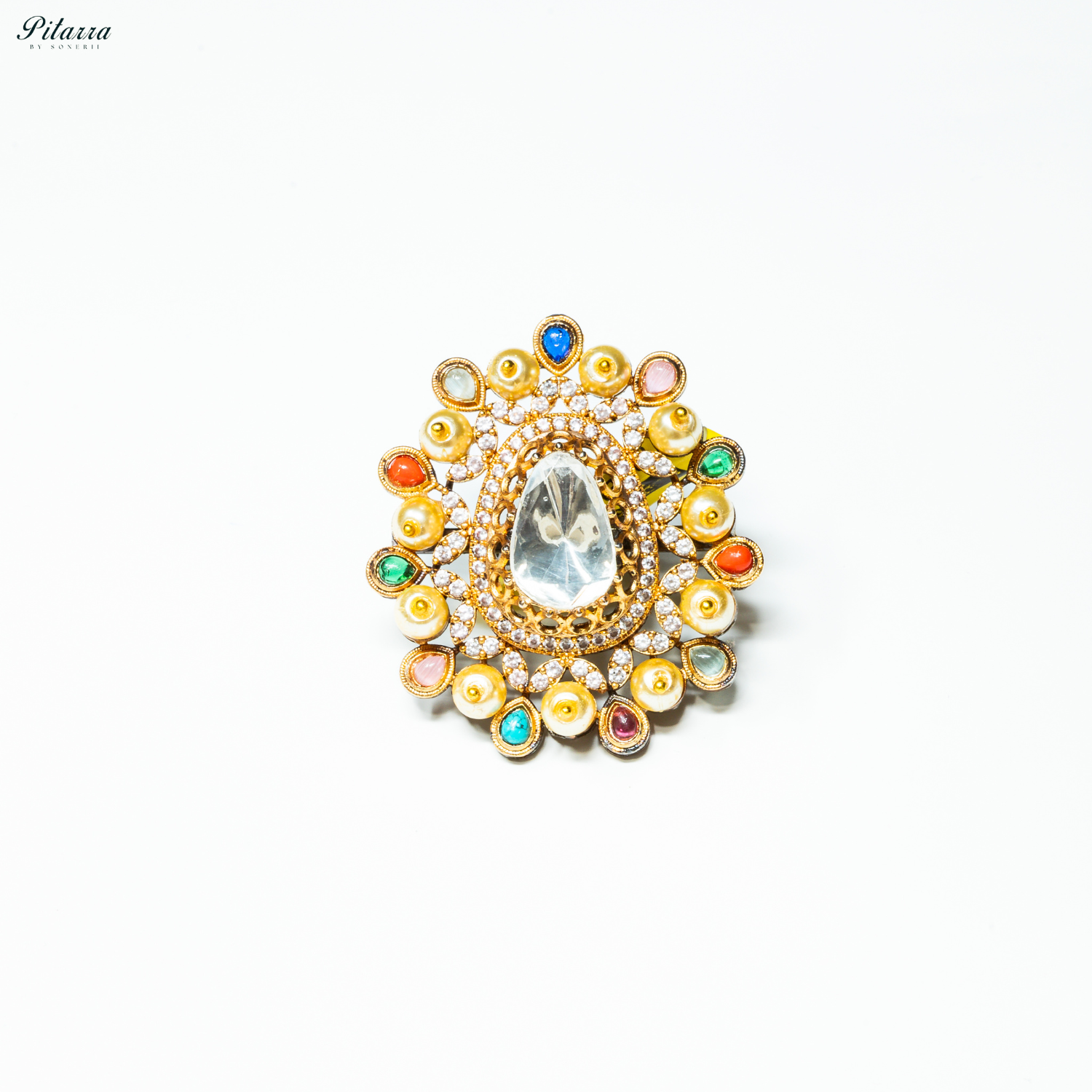 Silver Crystal Golden Kundan Multi Colored Ring