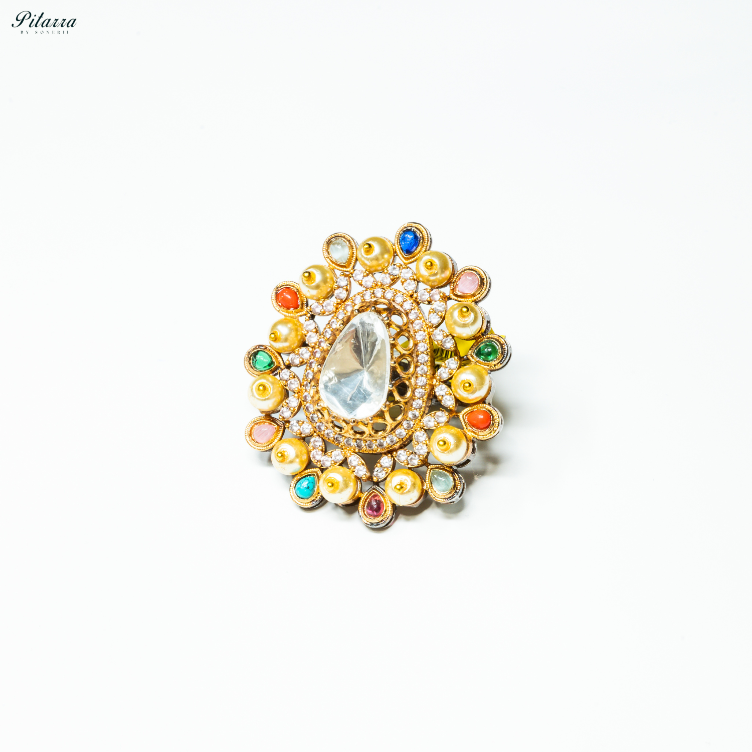 Silver Crystal Golden Kundan Multi Colored Ring