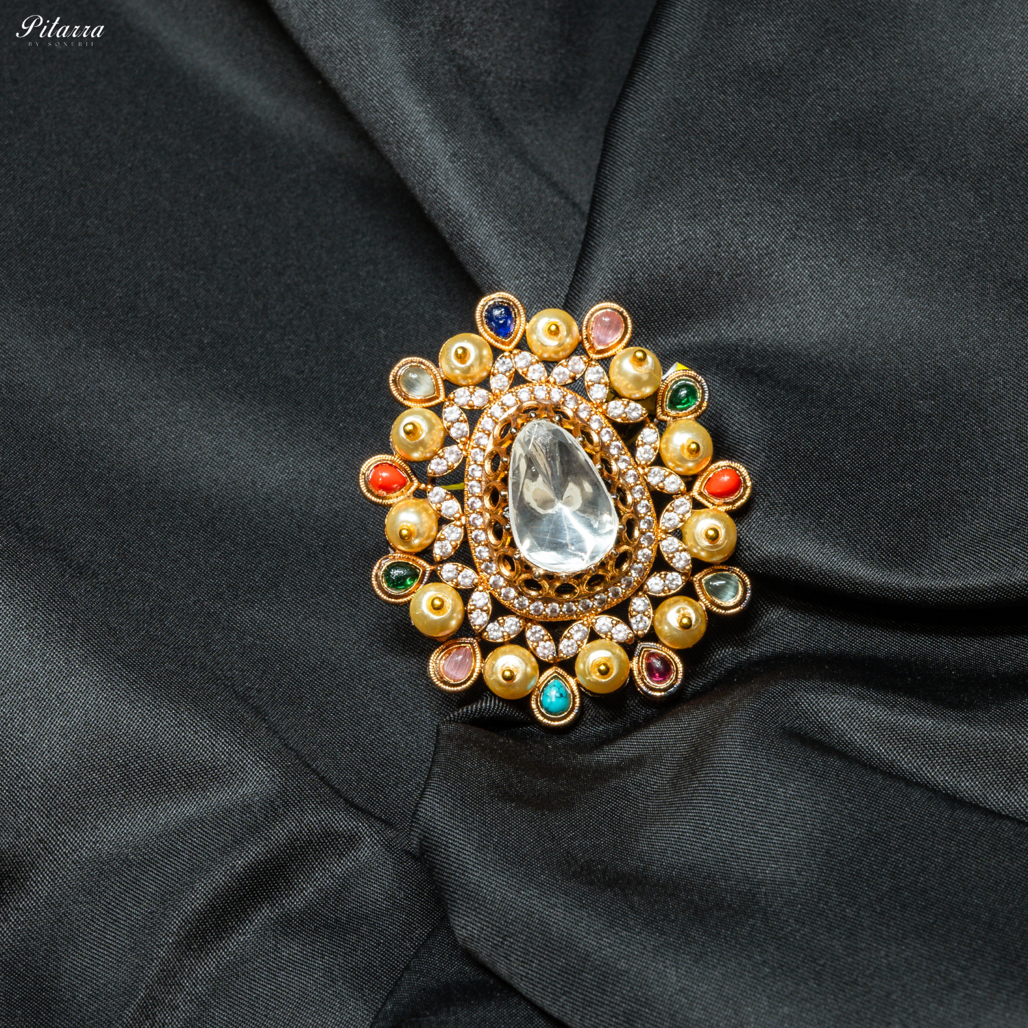 Silver Crystal Golden Kundan Multi Colored Ring