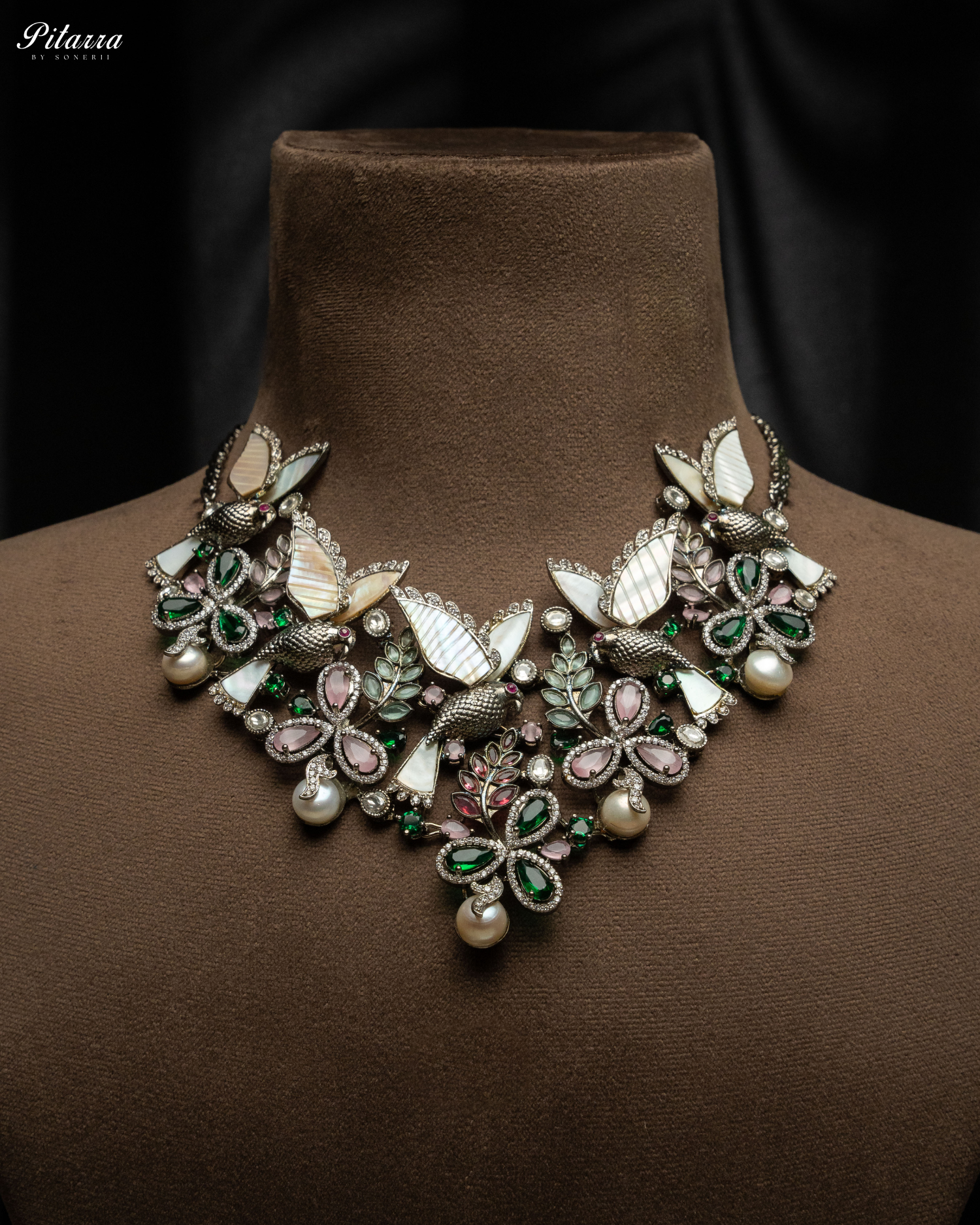 Silver Butterfly Jadau Traditional Kundan Necklace Set Front Shoot