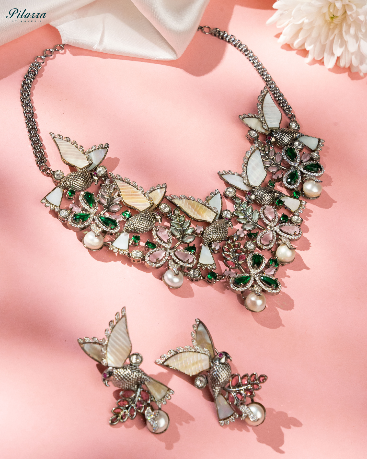 Silver Butterfly Jadau Traditional Kundan Necklace Set