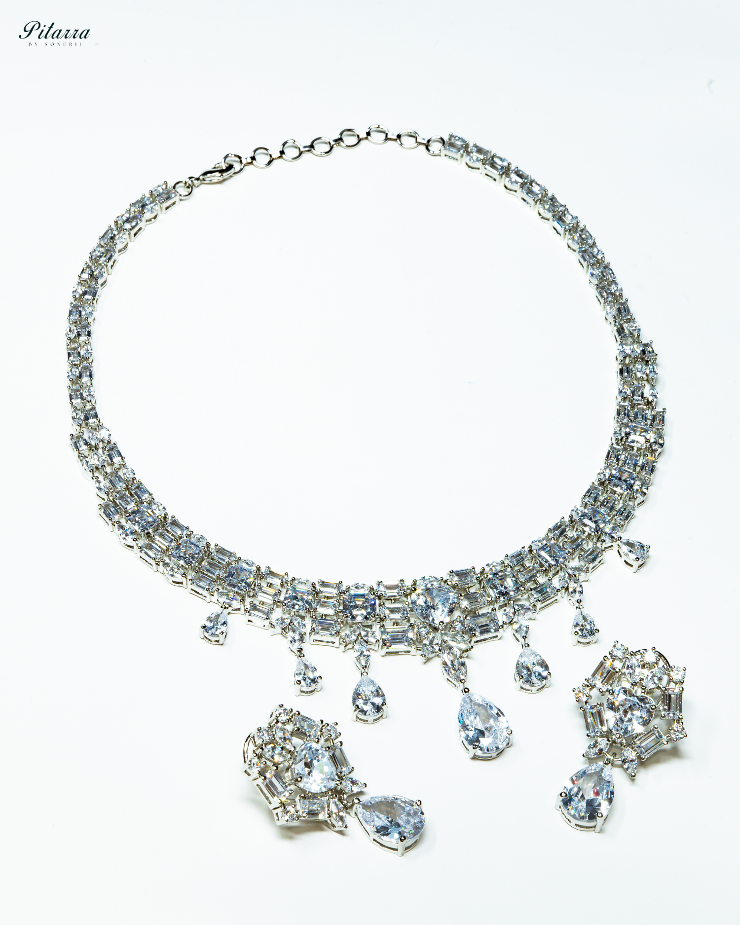 Silver Drop Cubic Zirconia Studded Necklace Set_White Background