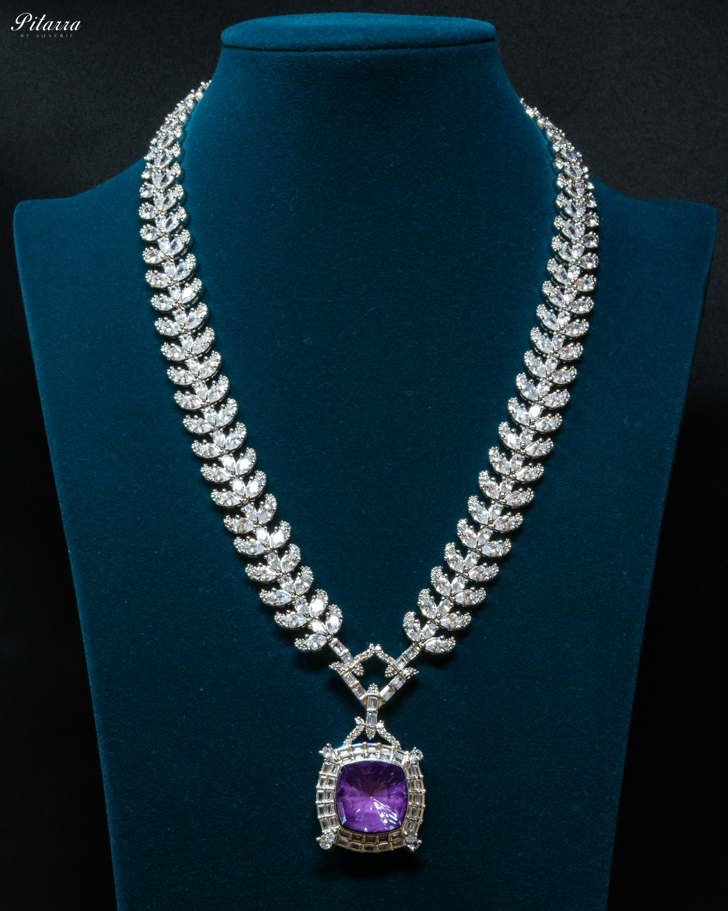 Silver Finish Purple Stone Zircon Long Necklace Set_Front Image