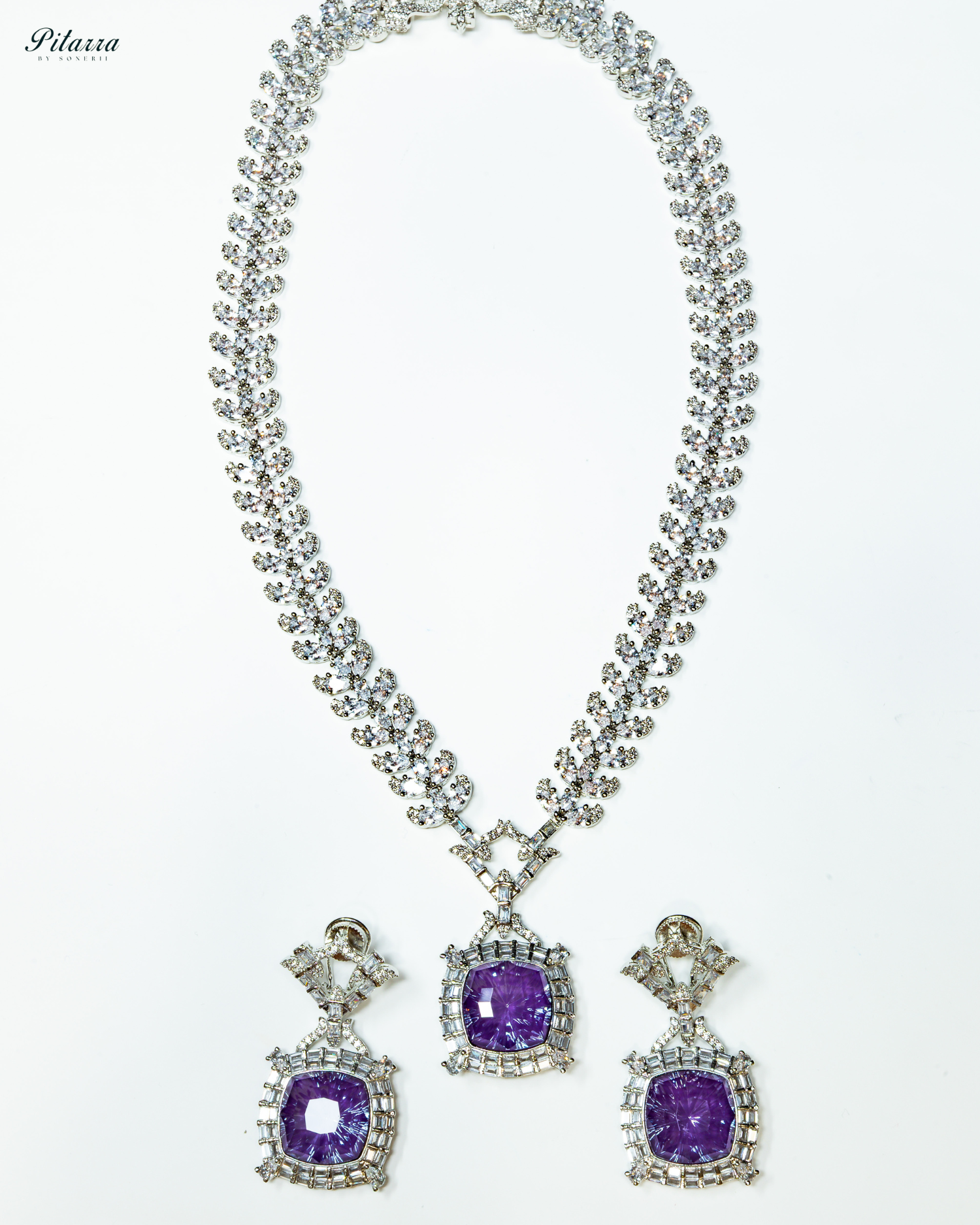 Silver Finish Purple Stone Zircon Long Necklace Set_White Background