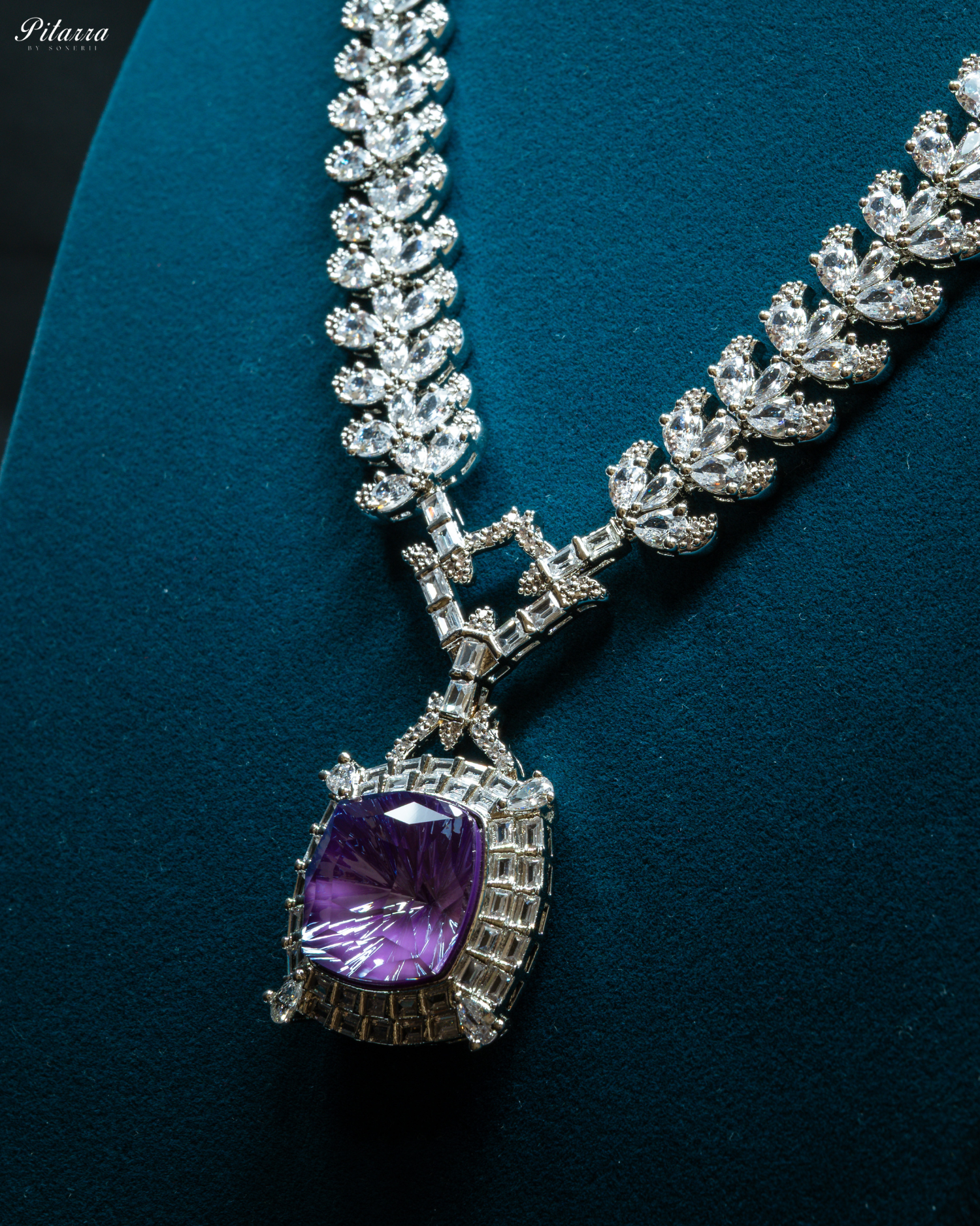 Silver Finish Purple Stone Zircon Long Necklace Set_Zoom Angle