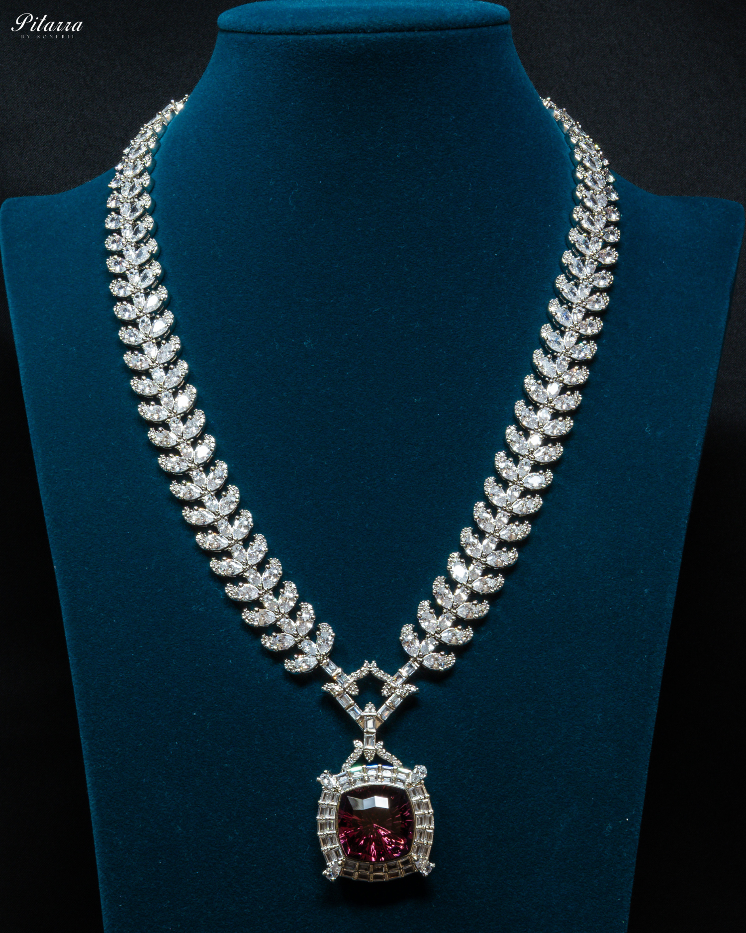 Silver Finish Ruby Red Stone Zircon Long Necklace Set_Front Image