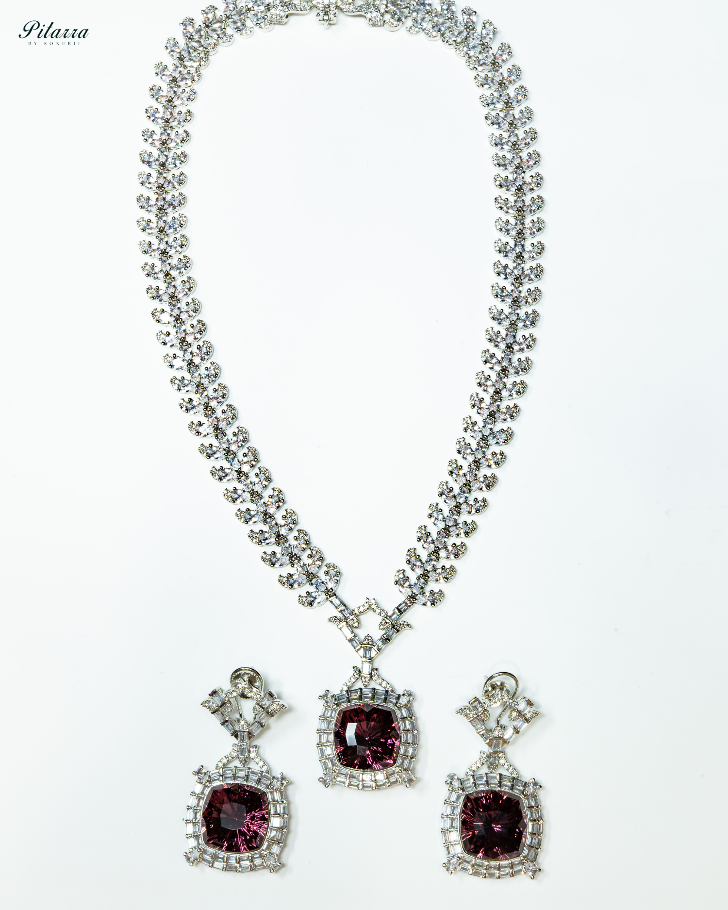 Silver Finish Ruby Red Stone Zircon Long Necklace Set_White Background