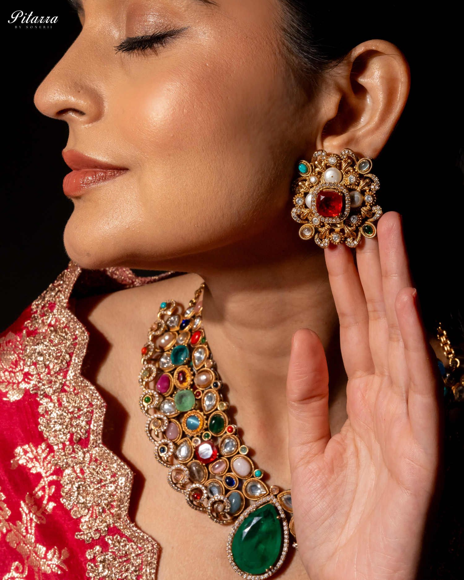Statement Green Doublet Necklace Set Model Side Shoot - Fusion Luxury Jewelry