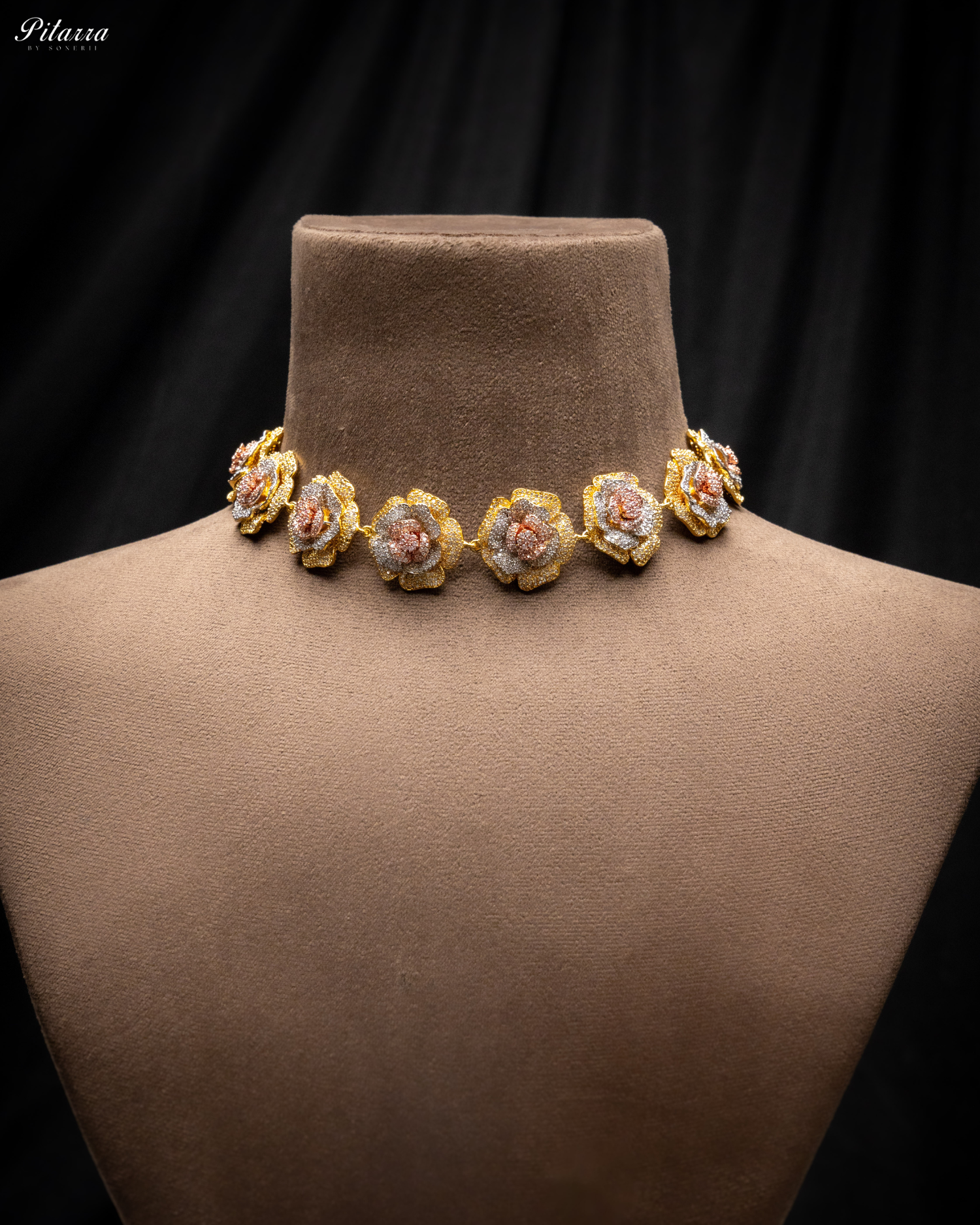 Three Tone Flower CZ Choker Set_Necklace