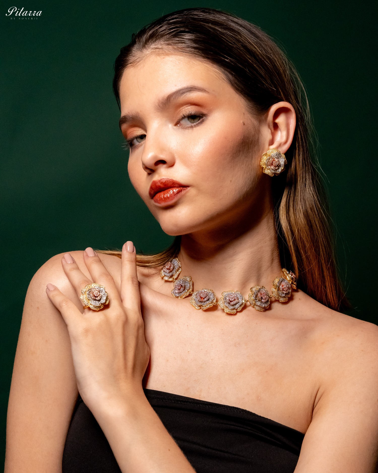 Three Tone Flower CZ Choker Set_Side Pose