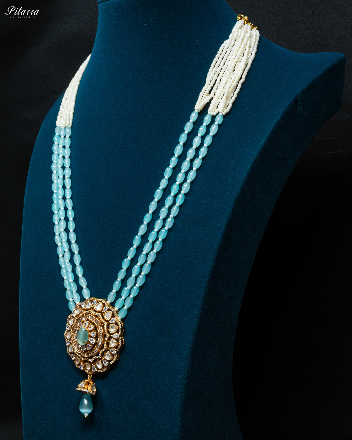 Turquoise Blue Multi Layered Beads Long Kundan Necklace_Side Angle