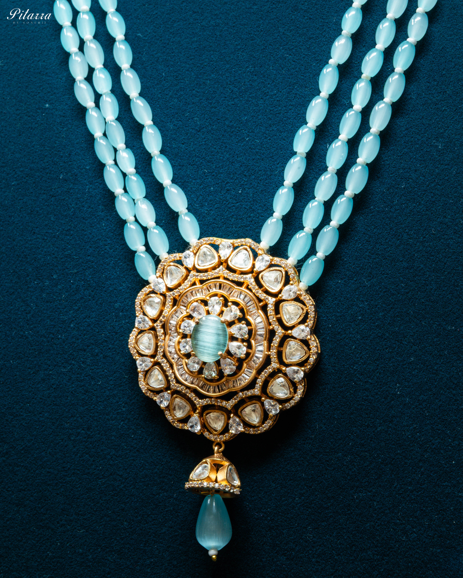 Turquoise Blue Multi Layered Beads Long Kundan Necklace_Zoom Angle