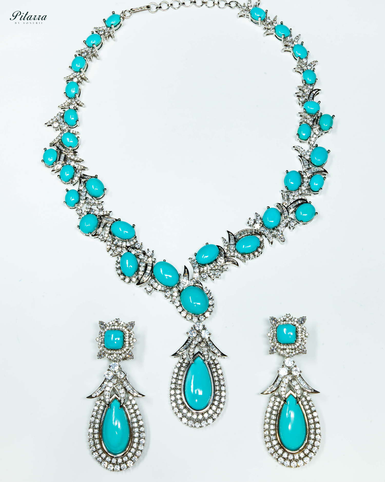 Turquoise Blue Statement Silver CZ Necklace Set_White Background