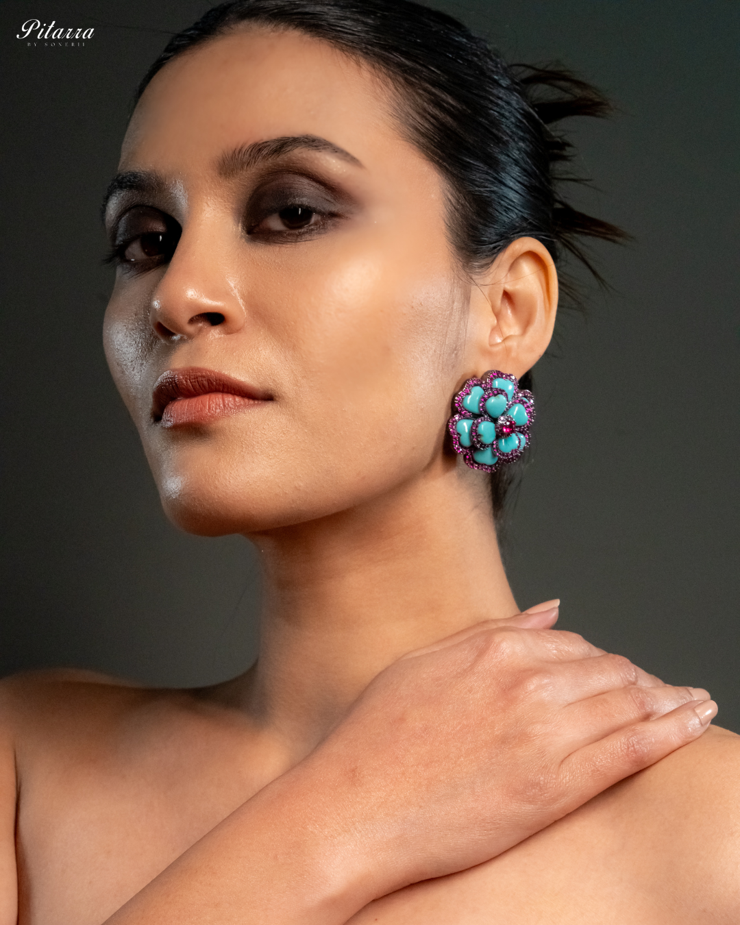 Turquoise Handcrafted Silver Earrings_Side Pose