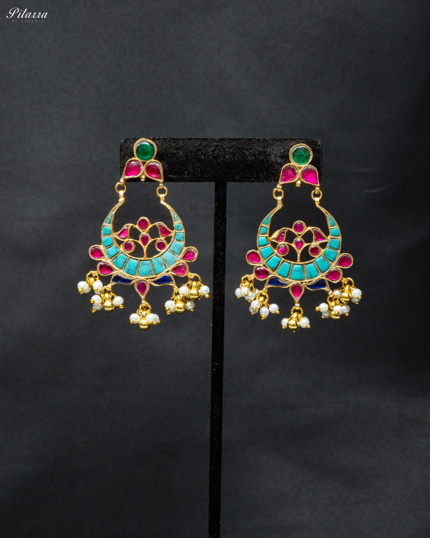 Turquoise Pink Chandbali Earring_Front Image