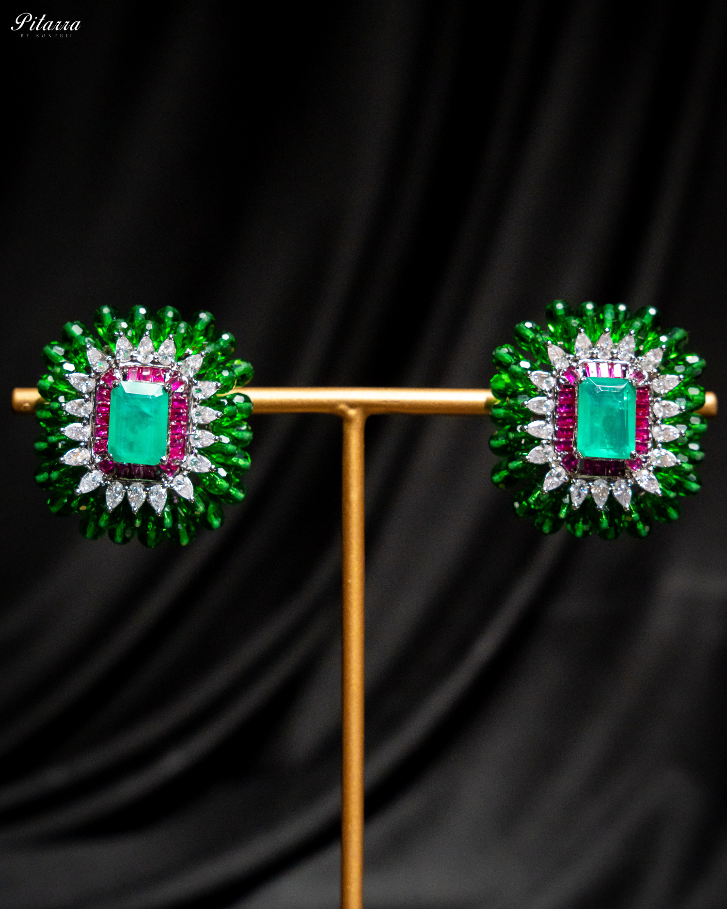 Turquoise and Green Emerald Studs Earrings_Front Image