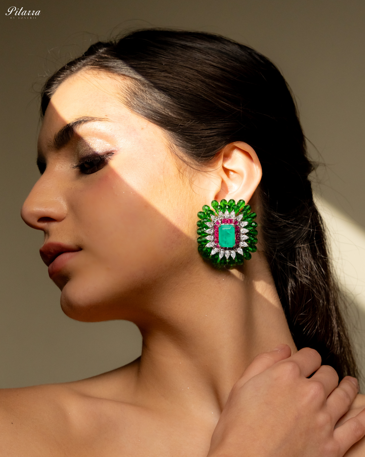 Turquoise and Green Emerald Studs Earrings_Side Pose
