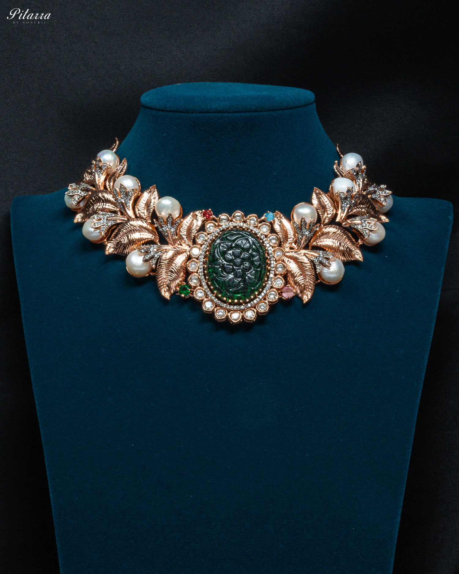 Victoria Green Carved Stone in Rose Gold Polish Necklace Set_Front Image
