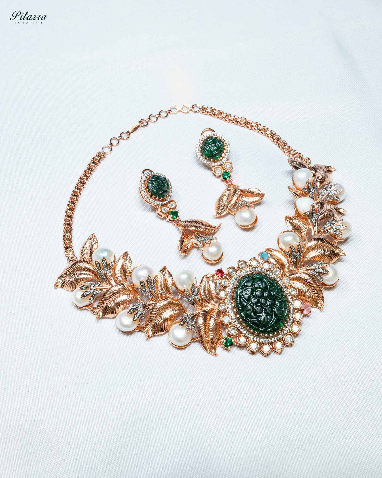 Victoria Green Carved Stone in Rose Gold Polish Necklace Set_White Background