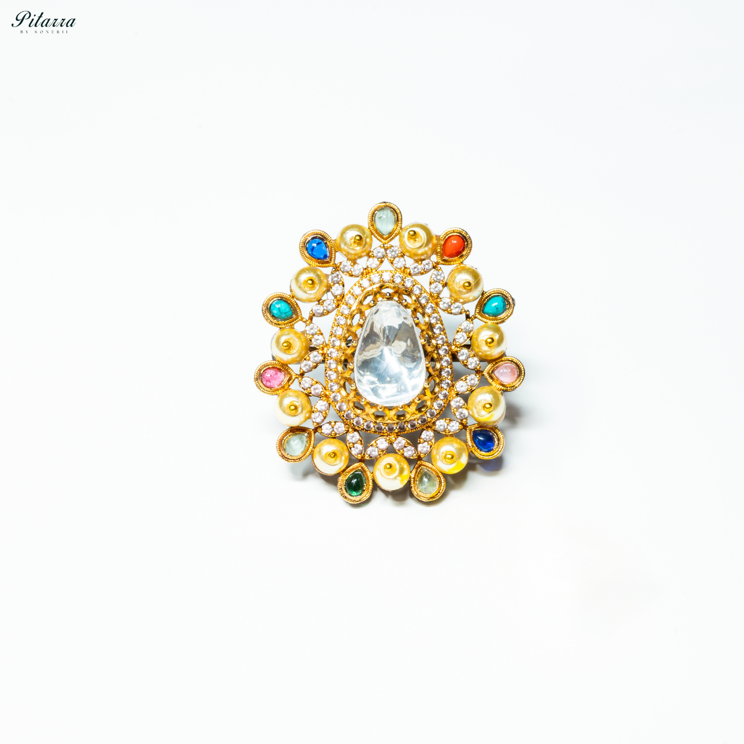 White Crystal Golden Kundan Multi Colored Ring