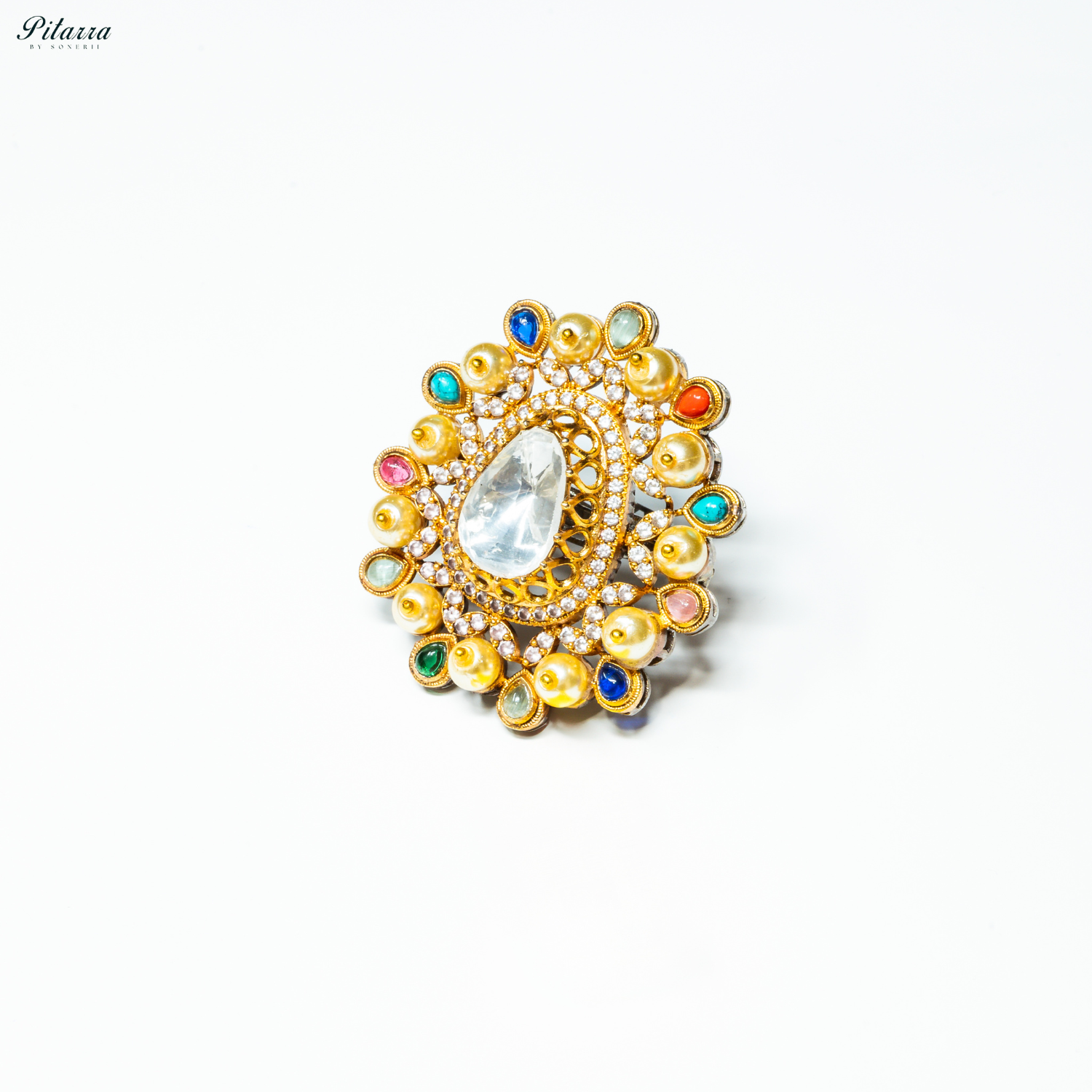 White Crystal Golden Kundan Multi Colored Ring