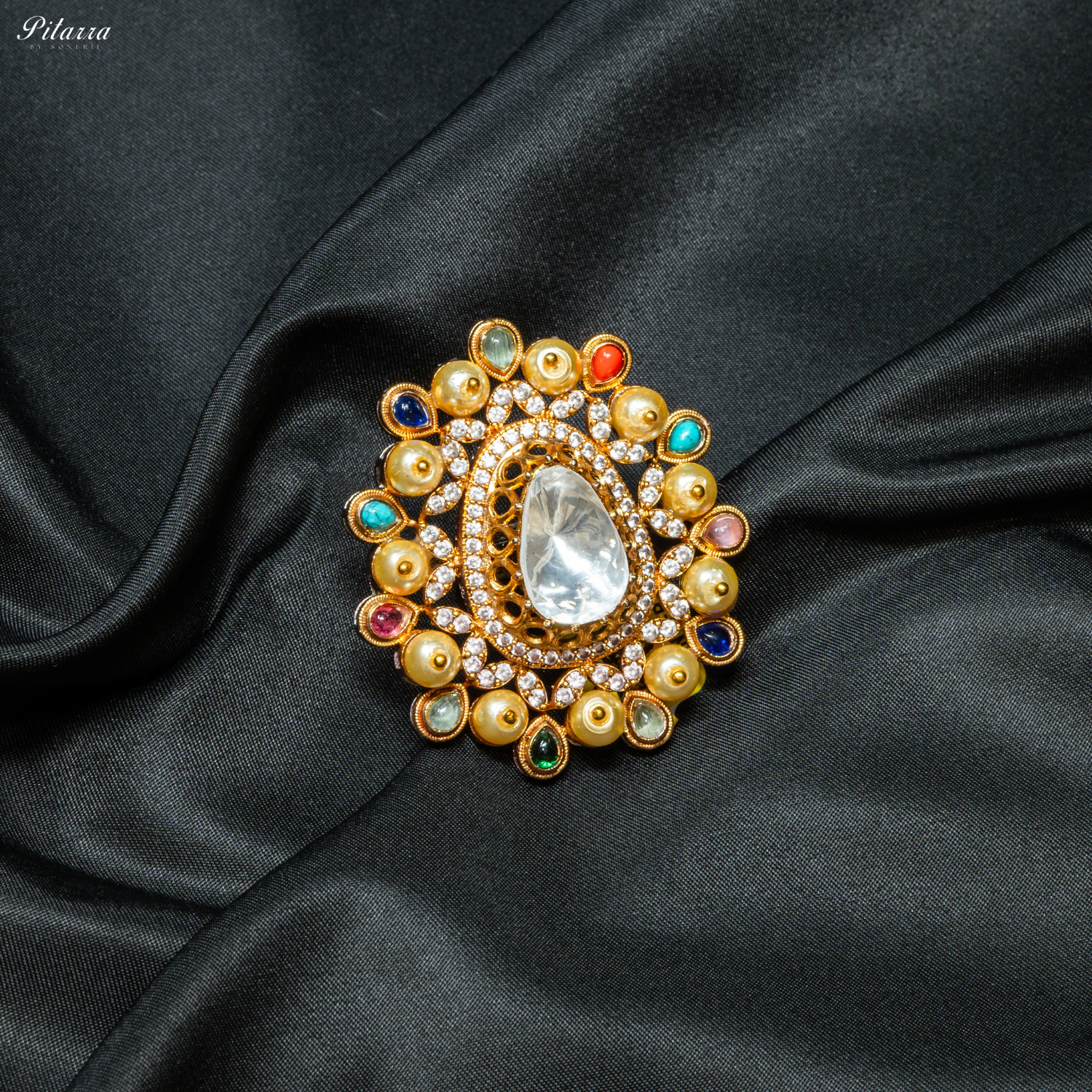 White Crystal Golden Kundan Multi Colored Ring
