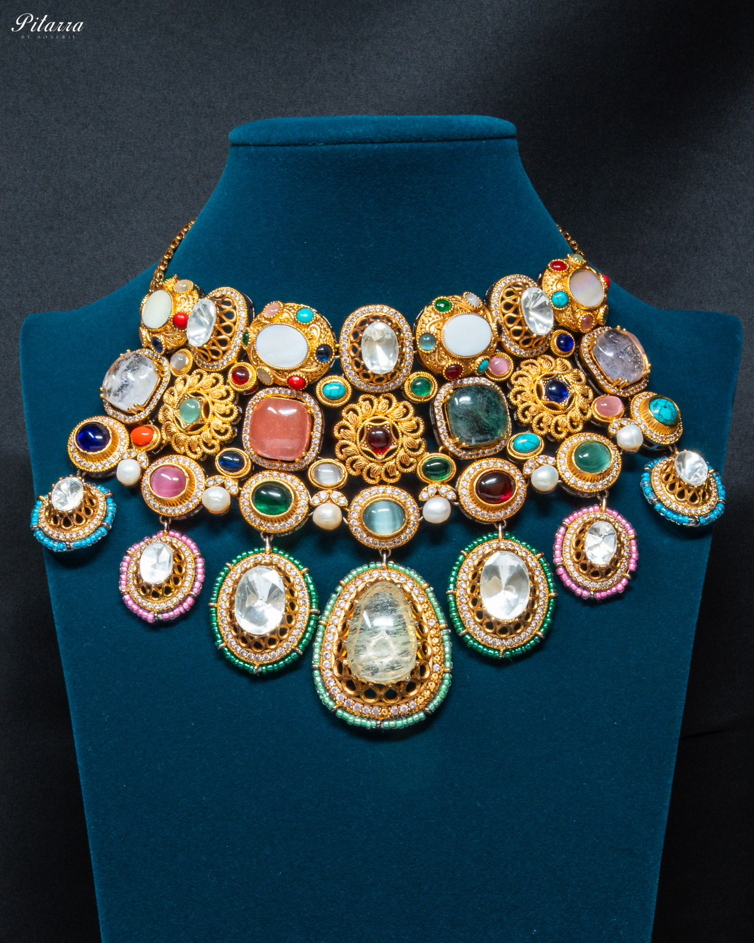 White Doublet with Navaratna Choker Set_Front Image