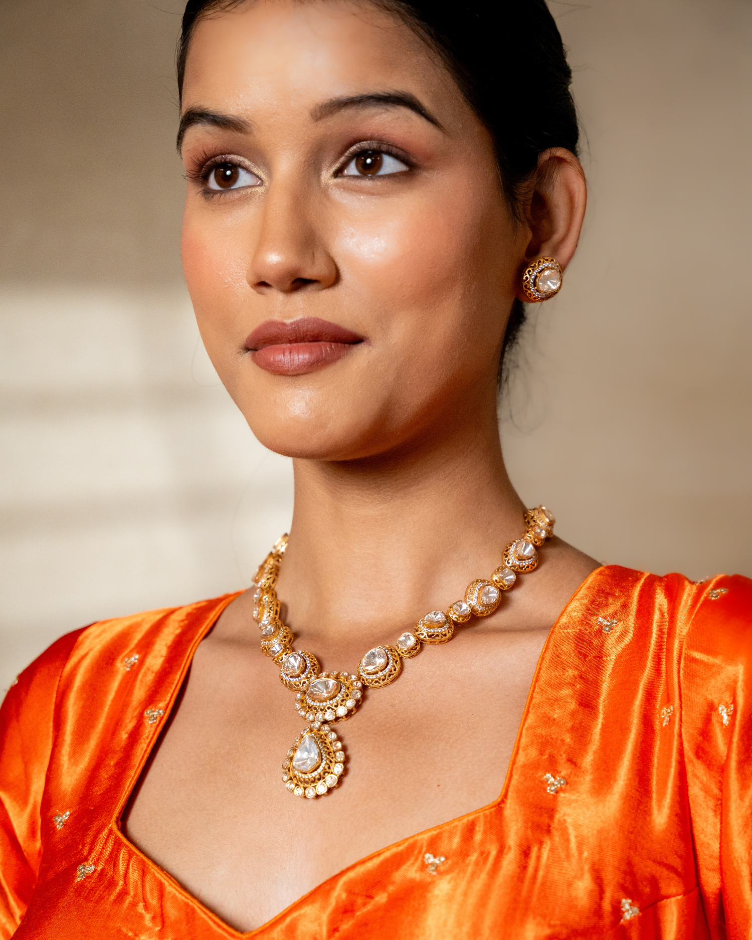 White Uncut Long Traditional Kundan  Necklace Set