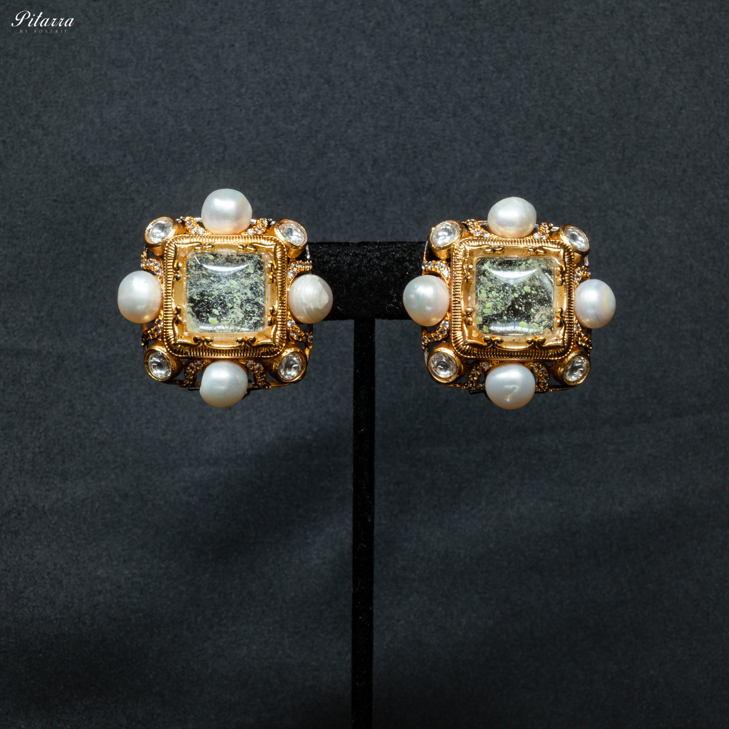 White Stone Pearl Kundan Stud Earrings_Front Image