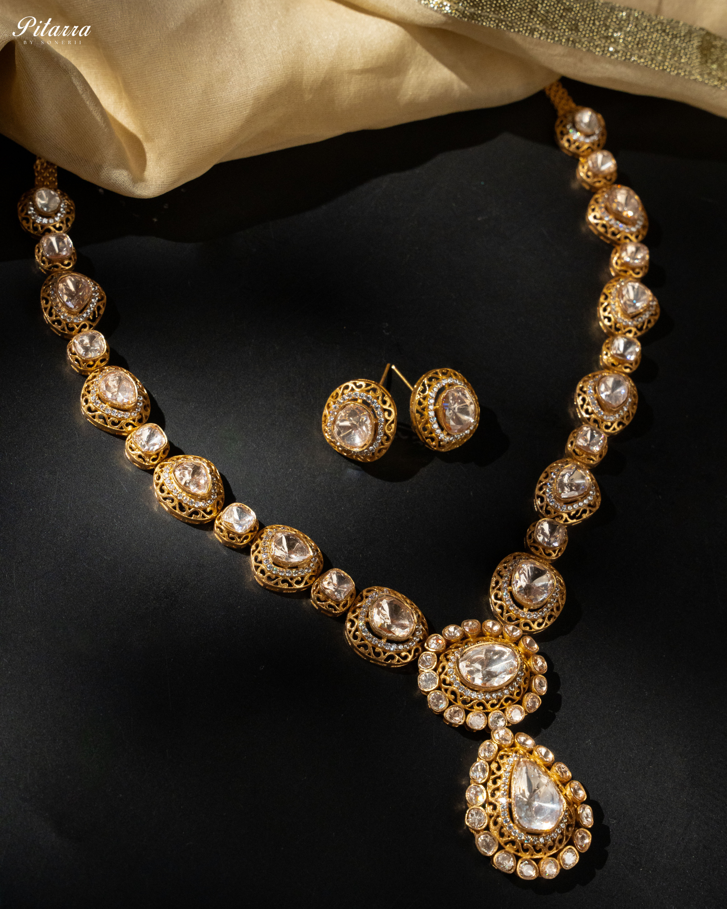 White Uncut Long Traditional Kundan  Necklace Set-Style Shoot