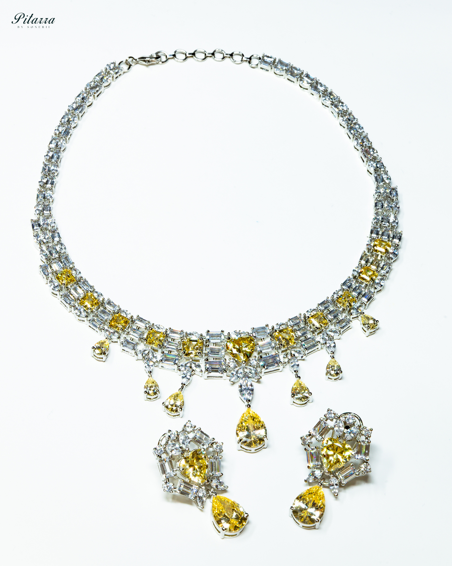 Yellow Drop Cubic Zirconia Studded Necklace Set_White Background