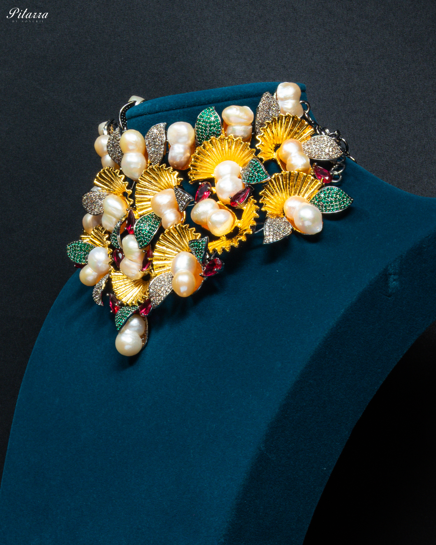 Yellow Floral Peach Pearls Fusion Set_Side Angle